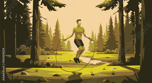 A man doing jump rope outdoor among trees, illustration