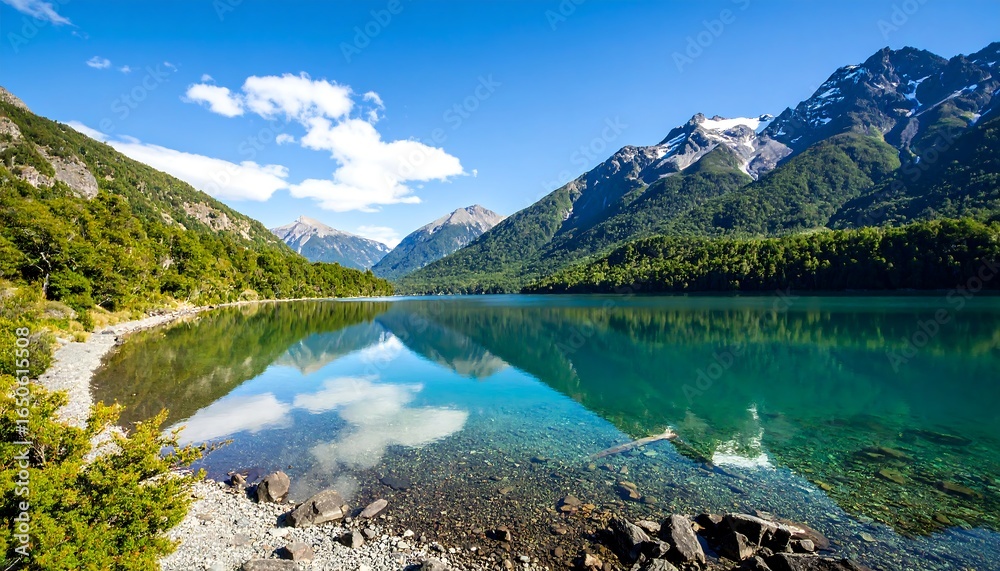 Fototapeta premium Serene mountain lake reflecting sky, clouds, and snow-capped peaks; clear, shallow shoreline