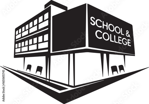 Minimalist black and white school building icon with clean lines. Geometric and modern, ideal for logos, stickers, or digital use.