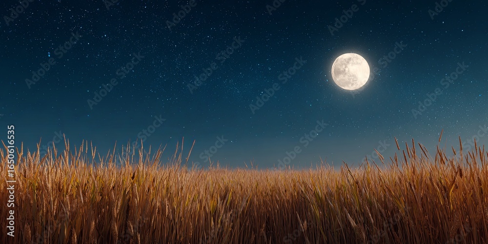 Fototapeta premium Serene Night Scene with Full Moon Over Golden Wheat Field and Starry Sky in Vibrant Colors of Nature