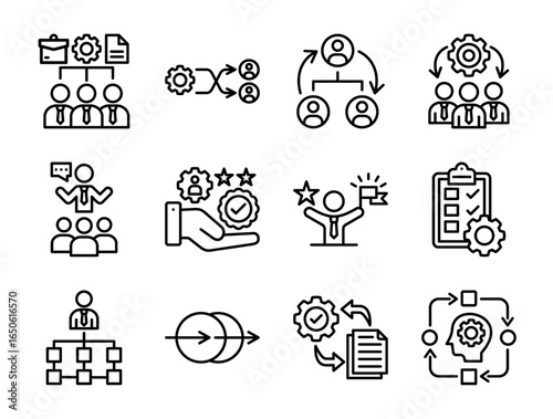 Collection of Change Management icons, related to teamwork, mentoring, plan, success, adaptation and more. Outline icons vector illustation.