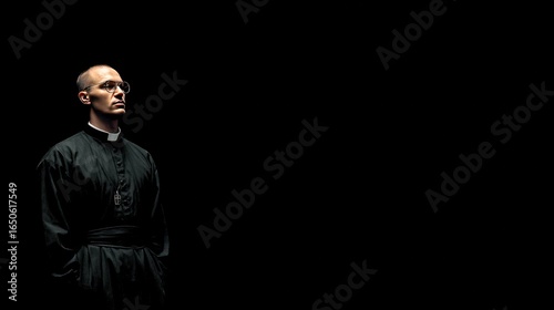 Clerical Contemplation: A solemn clergyman, dressed in dark clerical attire and spectacles, stands in contemplative silence against a stark, shadowed background.