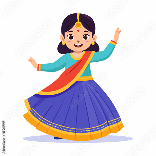 Flat style vector icon of a kid in sari performing Indian dance, representing heritage and art.