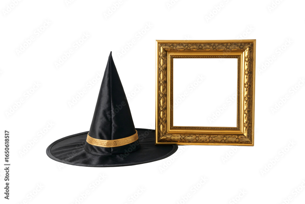 Fototapeta premium Black pointed witch hat beside ornate golden picture frame on white, isolated on a transparent background