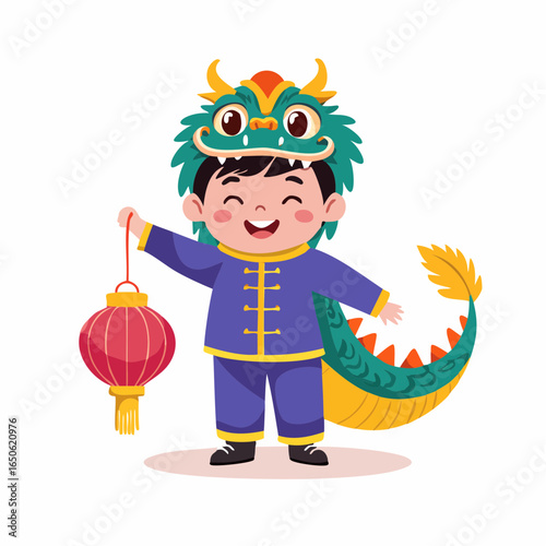 Flat vector icon of a kid celebrating Chinese tradition, symbolizing festival and heritage.