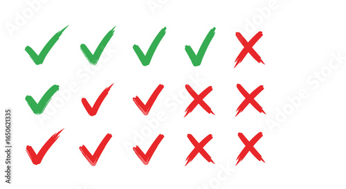 Evaluating success and failure symbols in a grid format showing checks and crosses in red and green colors