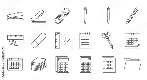 Office supplies stationery vector icon set stapler calculator pen pencil ruler calendar for design