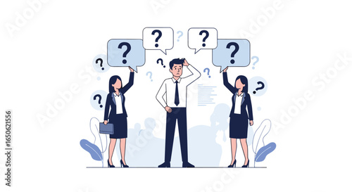 Team members pondering difficult questions showing confusion and seeking solutions together