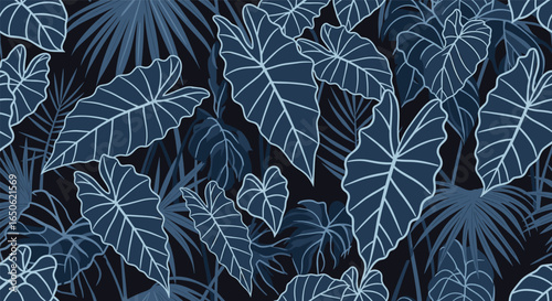 Enchanting dark blue jungle foliage pattern with elegant leaf silhouettes and tropical vibes