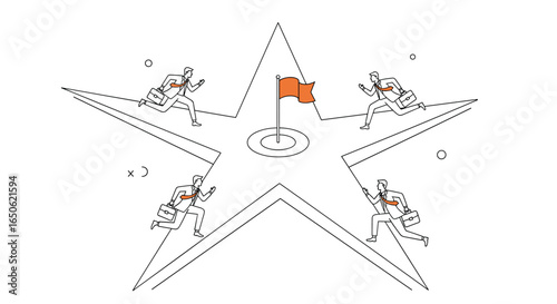 Illustrative depiction of competitors racing towards a central goal marked by an orange flag on a star-shaped course symbolizing strategic objectives and competitive spirit in business development