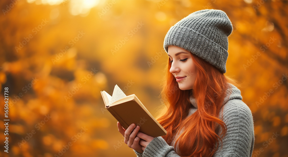 Obraz premium Young Woman Reading in Autumnal Setting