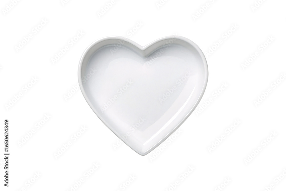 Fototapeta premium Empty white ceramic heart-shaped bowl with curved interior walls and clean minimalist design, isolated on a transparent background