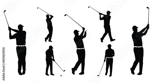 Golf player silhouettes in various poses and swings on white background