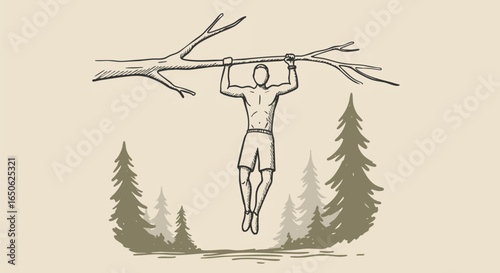 Man performing pull-ups on a tree branch in a forest with evergreen trees in the background