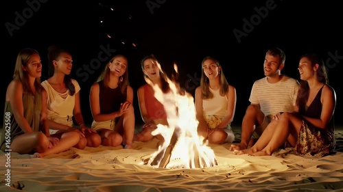 Friends Singing Together Around a Bonfire on a Sandy Beach at Night Under Dark Sky with Warm Lighting in Eye Level View and Enjoying Each Other Company Symbolizing Friendship Warmth And Shared