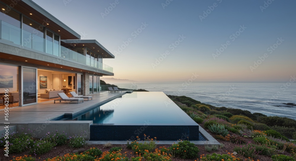 Fototapeta premium Modern Cliffside Villa with Infinity Pool and Ocean View