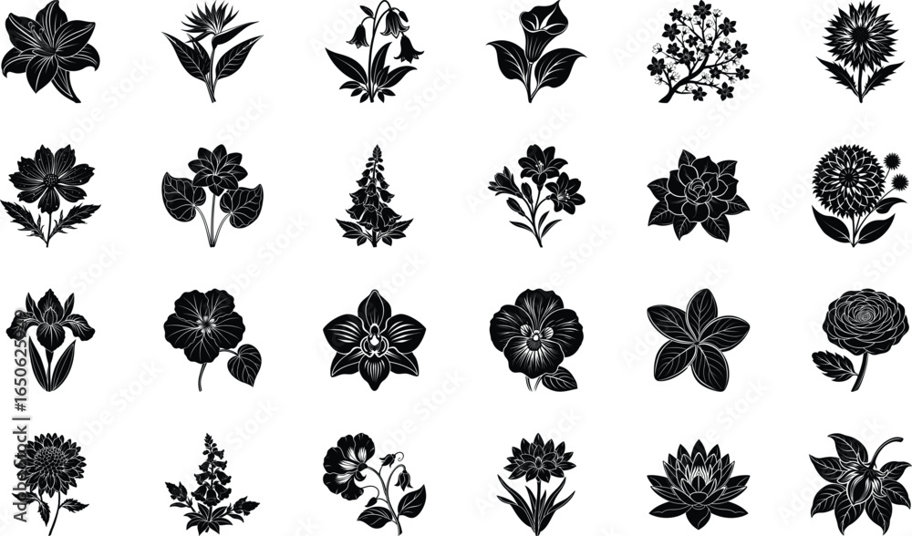 Fototapeta premium Black Floral Silhouette Vector Icons Collection – Decorative Botanical Flowers, Plants, and Nature Clipart Bundle for Logos, Patterns, Invitations, Crafts, and Digital Graphic Design