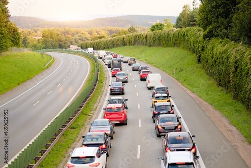 Tableau sur toile Heavy Traffic Jam Wtih Corridor Lane For Emergency Response Vehicles on European