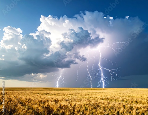 Dramatic lightning strikes illuminate a vast, golden wheat field under a stormy sky