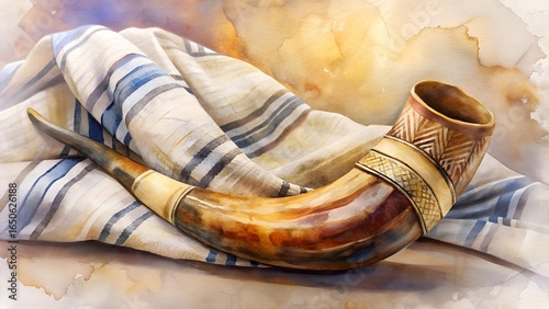 Watercolor illustration of a shofar resting on a tallit with soft textures and warm colors