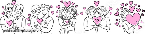 LGBT couple in love linear vector set with hearts, romantic outline illustrations for Valentine’s Day design elements