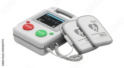 Illustration of an automated external defibrillator aed with ecg display and pads, isolated on a transparent background
