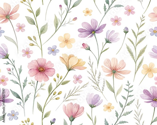 Delicate watercolor floral pattern featuring soft pastel wildflowers and green foliage on a white background for a charming spring design