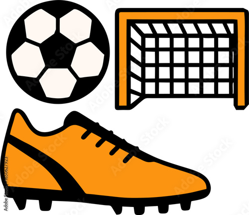 Soccer Icon Set – Football Ball, Goal Net, and Cleats Vector Illustration Isolated