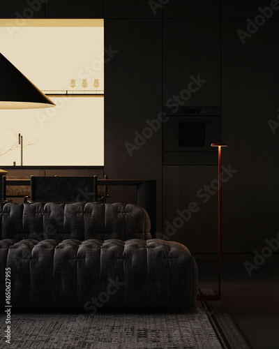 Fototapeta Dramatic dark interior with tufted sofa, ambient backlit kitchen, and moody modern lighting