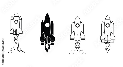 Four different line art styles of a rocket ship taking off into space