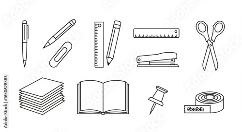 Stationery supplies vector illustration featuring pen pencil ruler book paper scissors and other office items