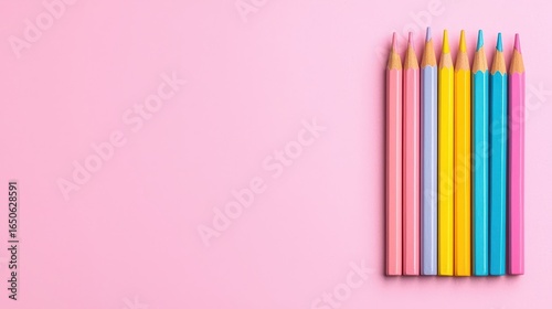Colorful pencil arrangement on a soft pink background for art and design projects