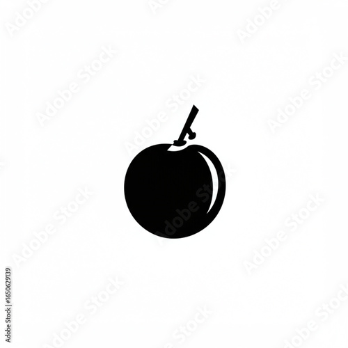 Simple black silhouette icon of a round fruit with a stem. Minimalist vector graphic of a cherry, plum, or berry isolated on a white background.