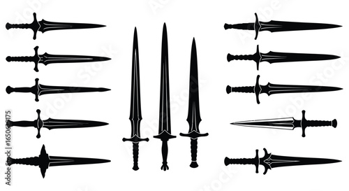 Collection of various black daggers and swords on white background
