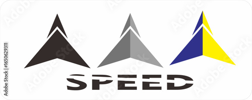 A modern and geometric icon featuring a stylized plane or an upward-pointing arrow, symbolizing speed, progress, and innovation. The design comes in three different color variations: a solid black ver