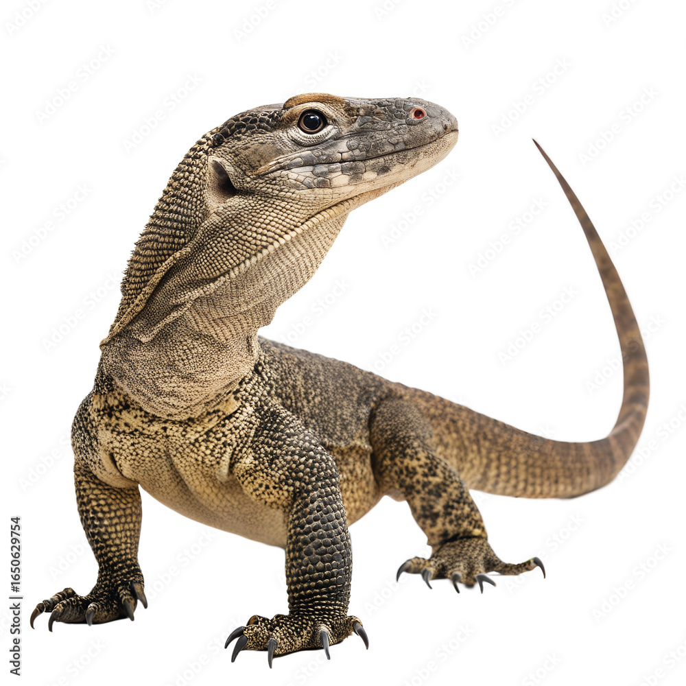 Obraz premium Komodo dragon walking and looking up isolated on transparent background with its scaly skin