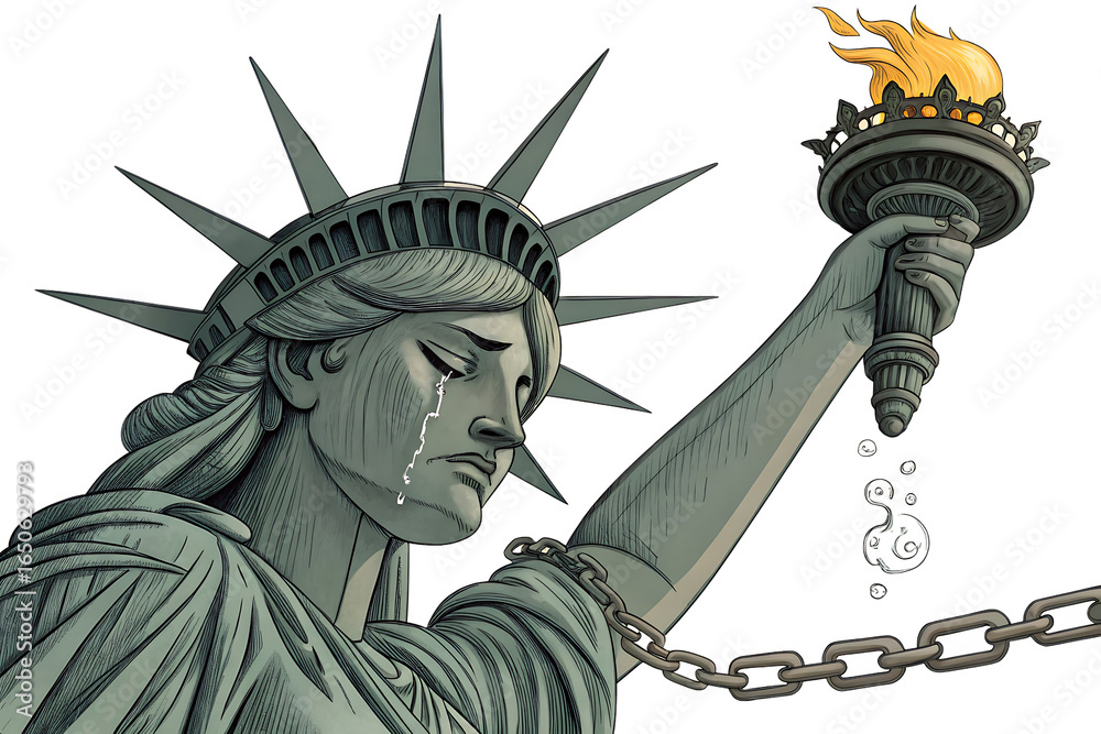 Fototapeta premium A sorrowful lady liberty figure with a crying face, torch down, and broken chains at her feet, AI generated by PNG