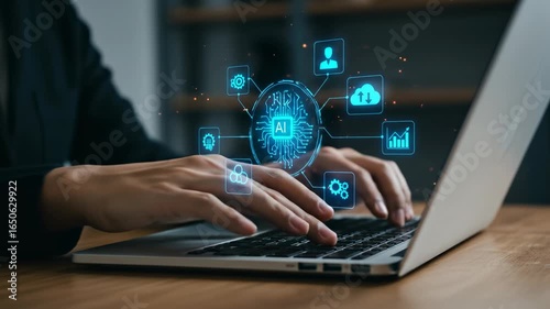 Hands working on laptop with AI icons
