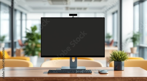 Modern office computer setup with a blank screen, keyboard, mouse, and a potted plant on a wooden desk