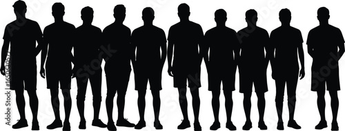Silhouette of Men Standing in Line, Group of Male Figures, Sports Team Concept, Vector Shadow Illustration, Black Human Poses, Athletic Formation Template