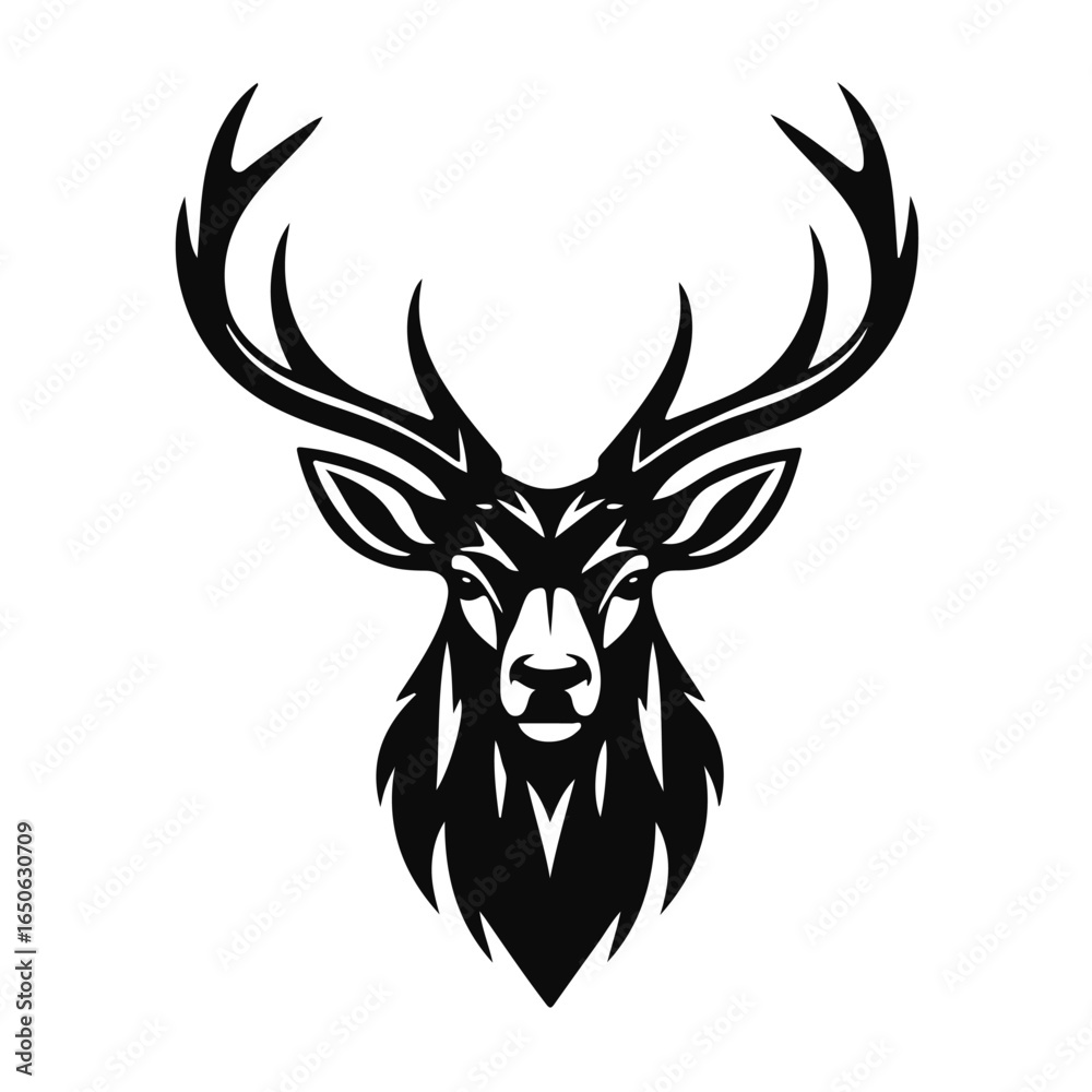 Naklejka premium Deer head silhouette with antlers in black and white line art, bold animal profile with strong forest vibe, deer head, deer silhouette, antler art, forest animal, wildlife illustration