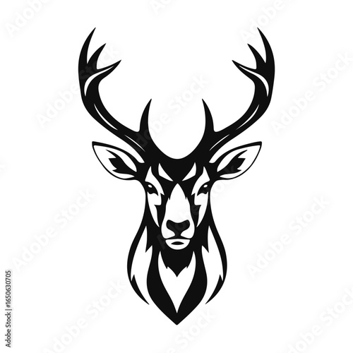 Deer head silhouette with antlers in black and white line art, bold animal profile with strong forest vibe, deer head, deer silhouette, antler art, forest animal, wildlife illustration