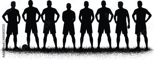 Soccer Team Silhouette Standing on Grass, Football Players Group Vector, Athletic Men Outline, Team Formation Pose, Sports Concept Illustration, Black Shadow Figures Design