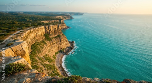 Dramatic Cliffs of Portugal's Coastline: Turquoise Waters and Golden Light