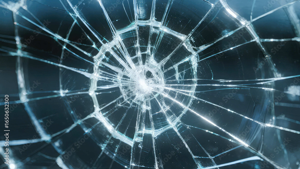 Fototapeta premium Shattered Glass: A close-up, high-definition view of fractured glass, showcasing intricate cracks radiating from a central point, creating a visually striking pattern.