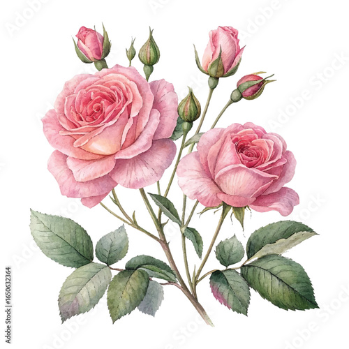 Vector art of a beautiful watercolor illustration of a cluster of delicate pink roses with buds and green leaves, isolated on a white background, perfect for romantic occasions