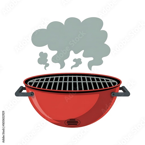 Red barbecue grill with smoke coming out, isolated on white background