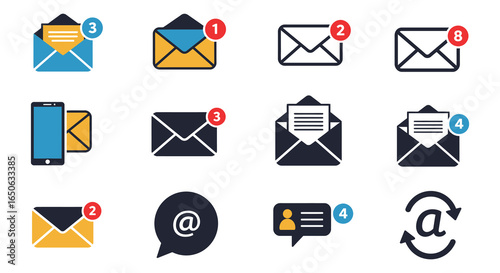 Collection of email icons and symbols for communication and messaging