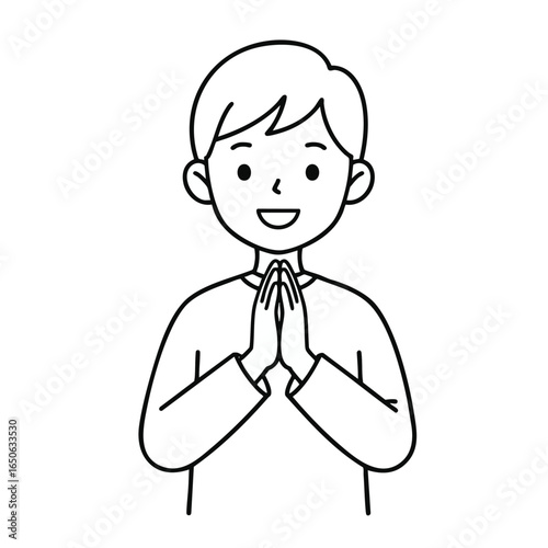 Smiling man with hands pressed together in a gesture of greeting or respect, illustration