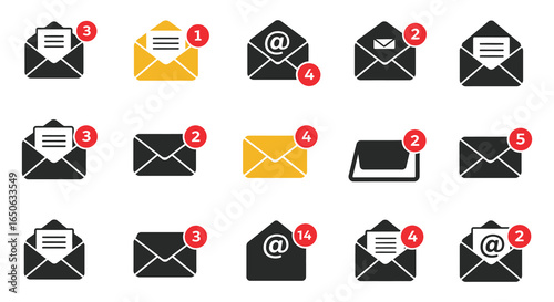 Collection of various email icons and envelopes with numbers and symbols